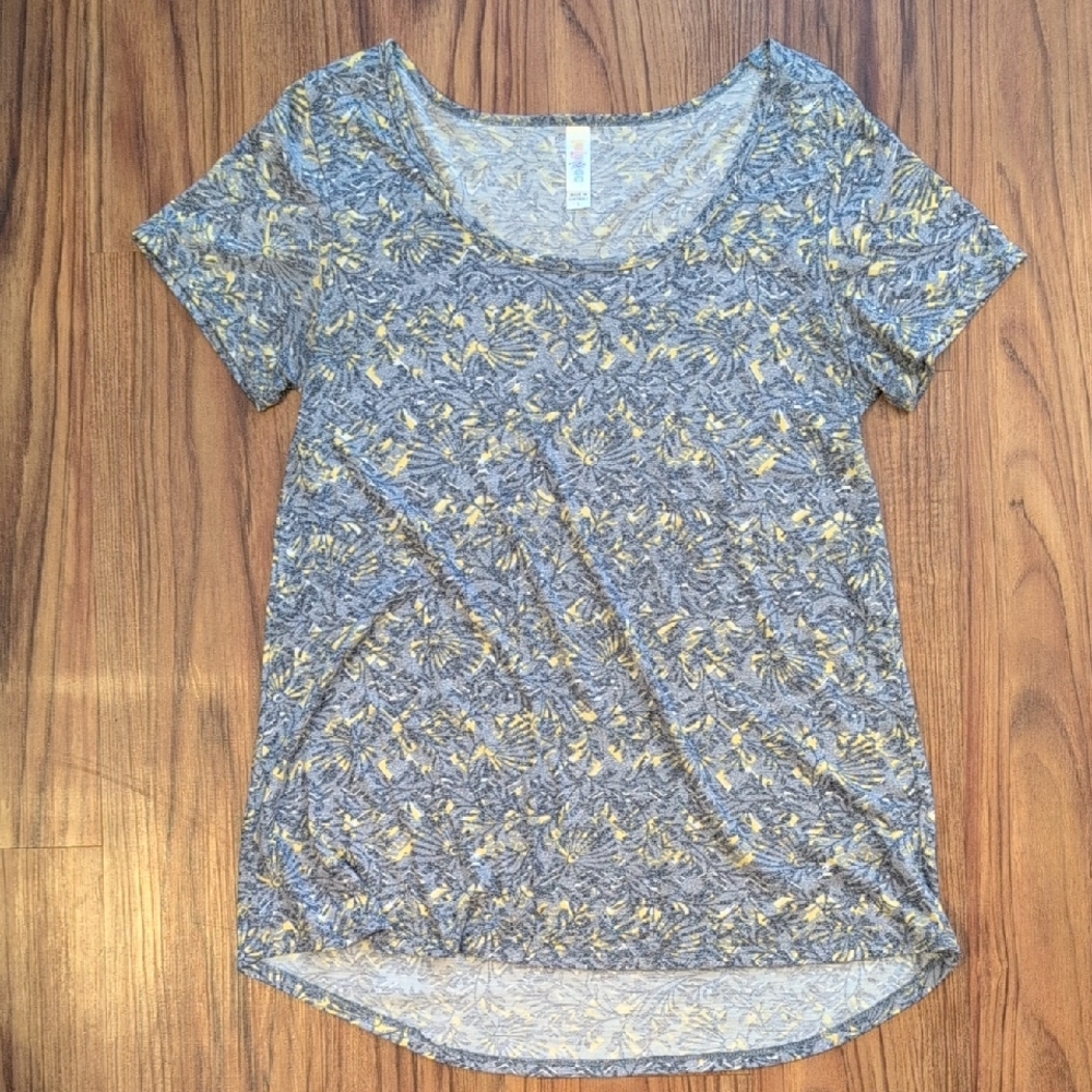 LuLaRoe Blue and Yellow Patterned Short Sleeve Top